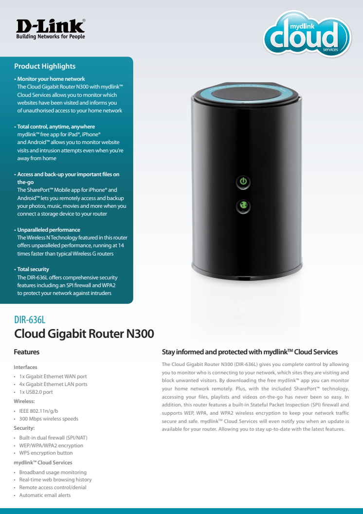 Produktblad, Cloud Gigabit Router N300 (DIR-636L) 