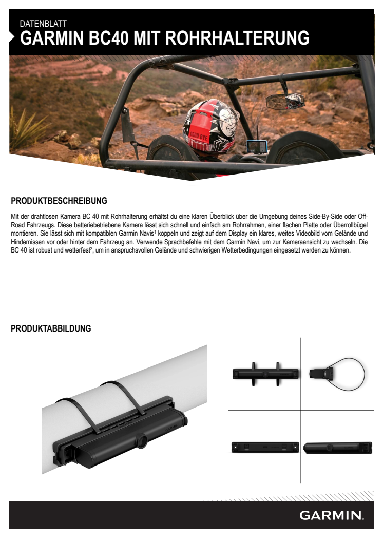 Datenblatt Garmin BC40 mit Rohrhalterung