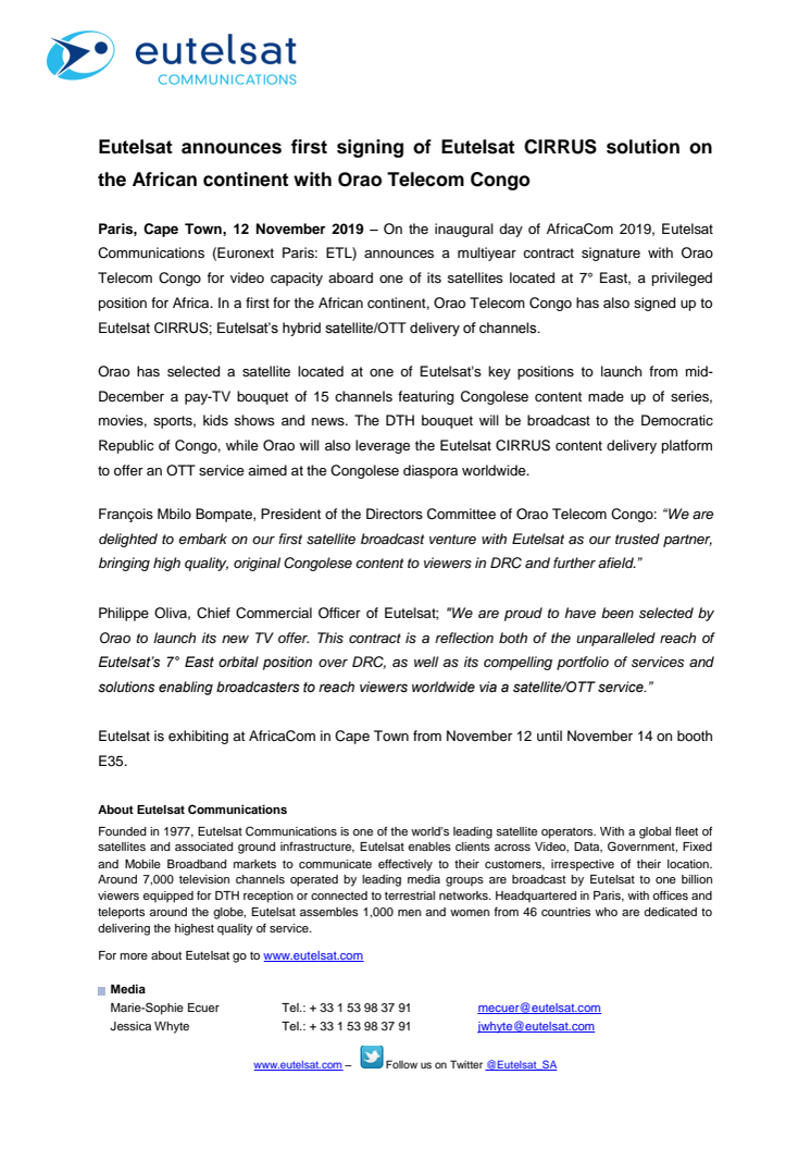 Eutelsat announces first signing of Eutelsat CIRRUS solution on the African continent with Orao Telecom Congo 