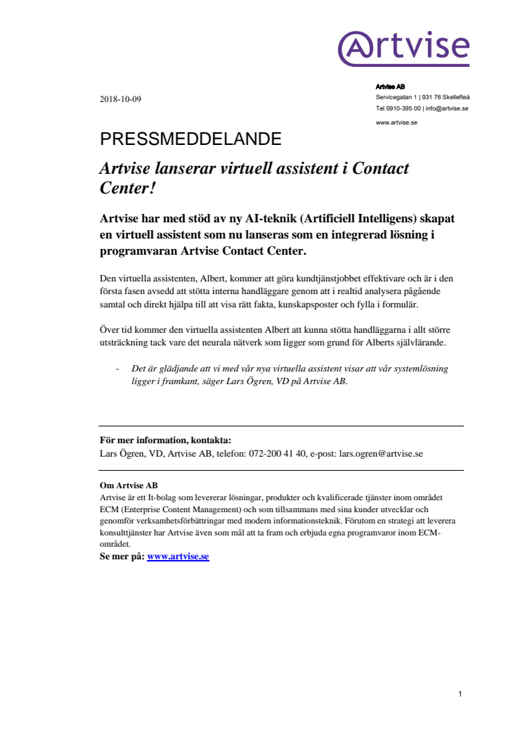 Artvise lanserar virtuell assistent i Contact Center!