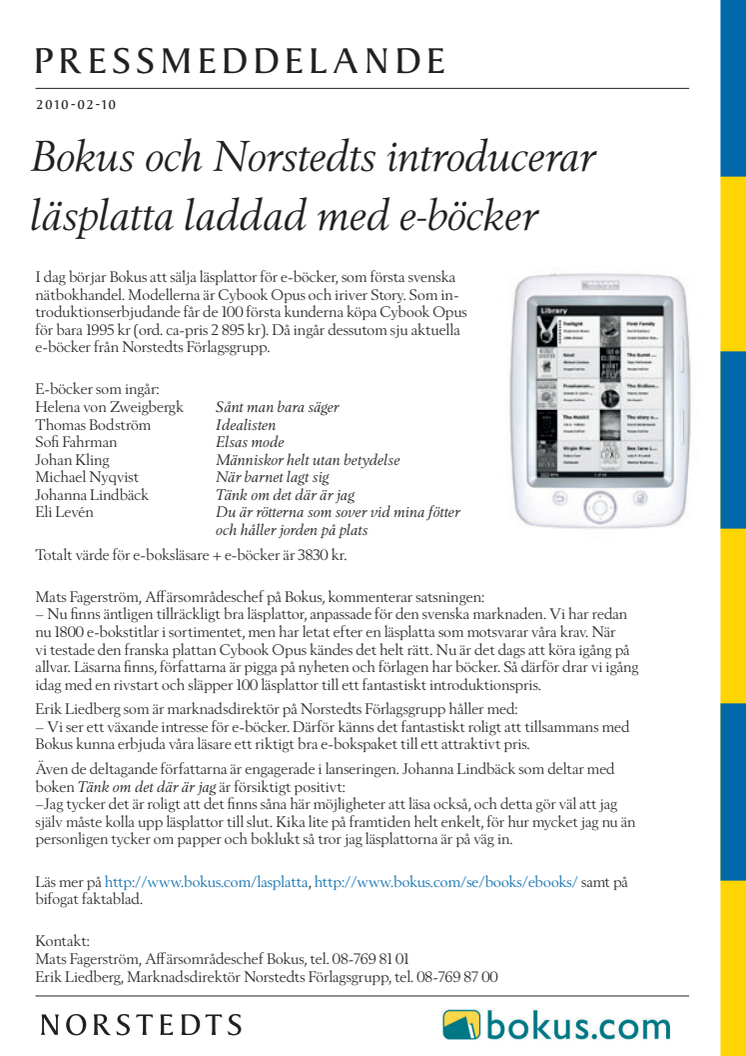 Bokus och Norstedts introducerar läsplatta med e-böcker
