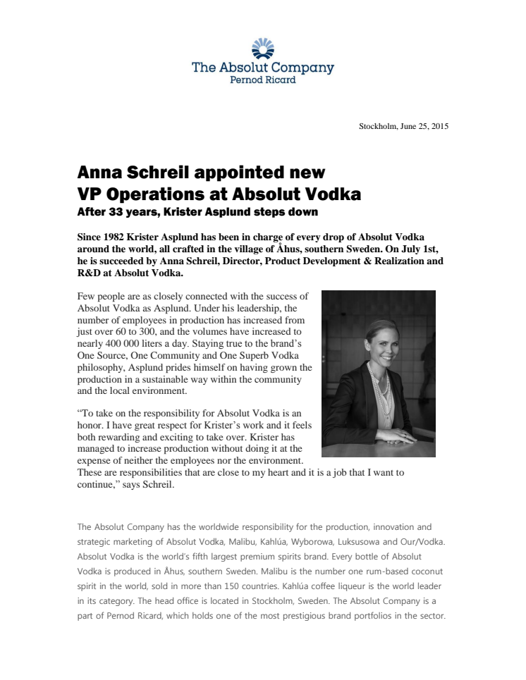 Anna Schreil appointed new  VP Operations at Absolut Vodka