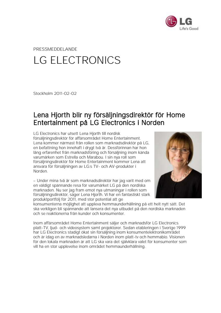 Lena Hjorth blir ny försäljningsdirektör för Home Entertainment på LG Electronics i Norden