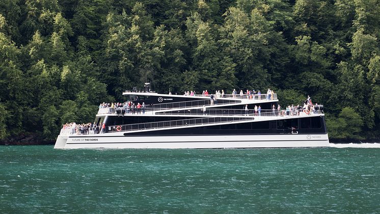 Energy efficient ferry from Brødrene AA on water with woodland background. Future of the fjords.-Brødrene Aa Photo - Eilev Instanes.jpg