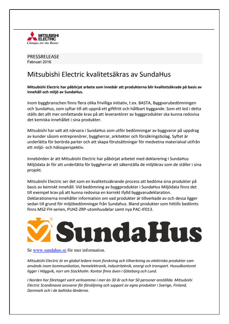 Mitsubishi Electric kvalitetsäkras av SundaHus