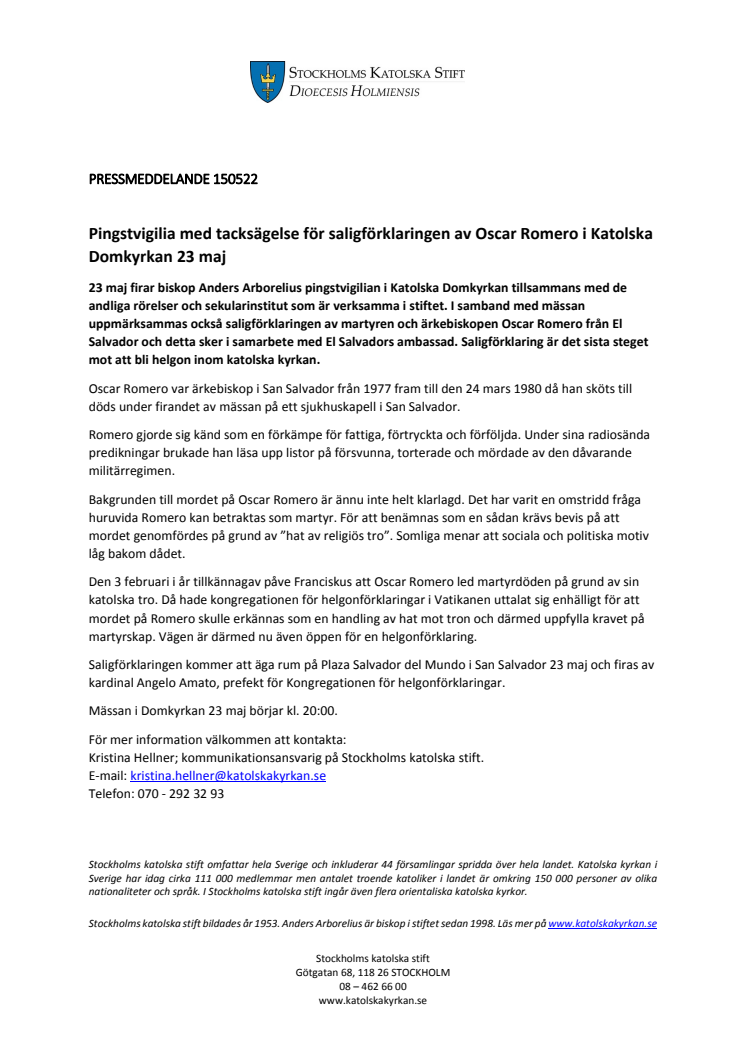 Pingstvigilia med tacksägelse för saligförklaringen av Oscar Romero i Katolska Domkyrkan 23 maj