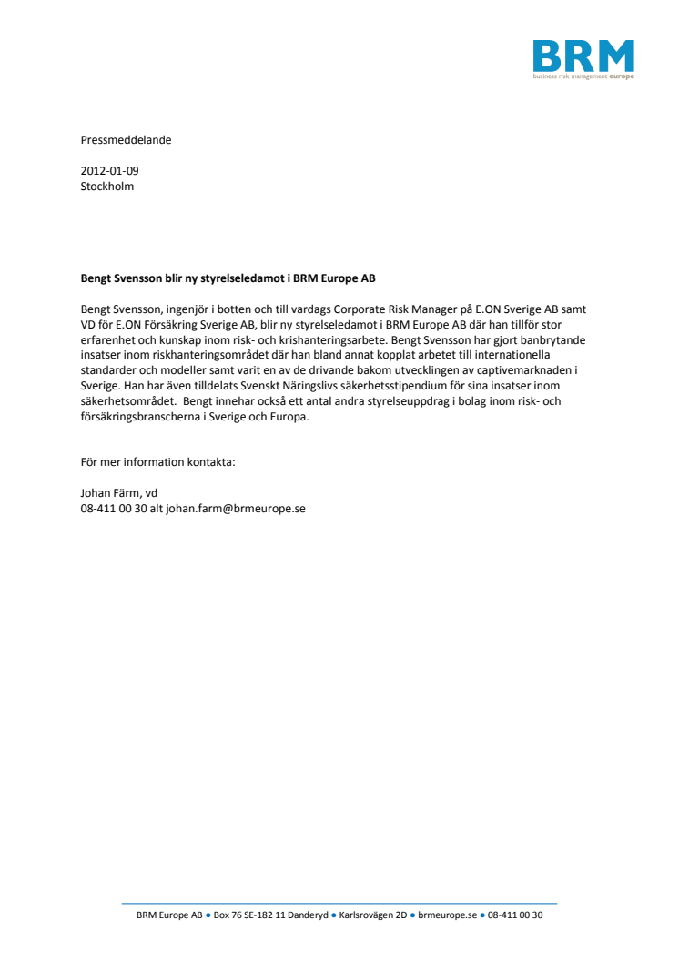 Bengt Svensson blir ny styrelseledamot i BRM Europe AB