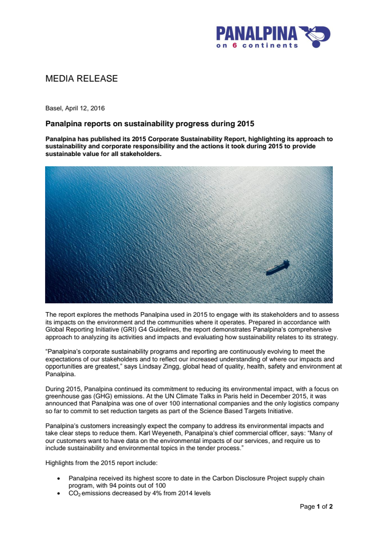 Panalpina reports on sustainability progress during 2015