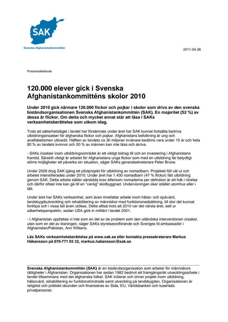 120.000 elever gick i Svenska Afghanistankommitténs skolor 2010 
