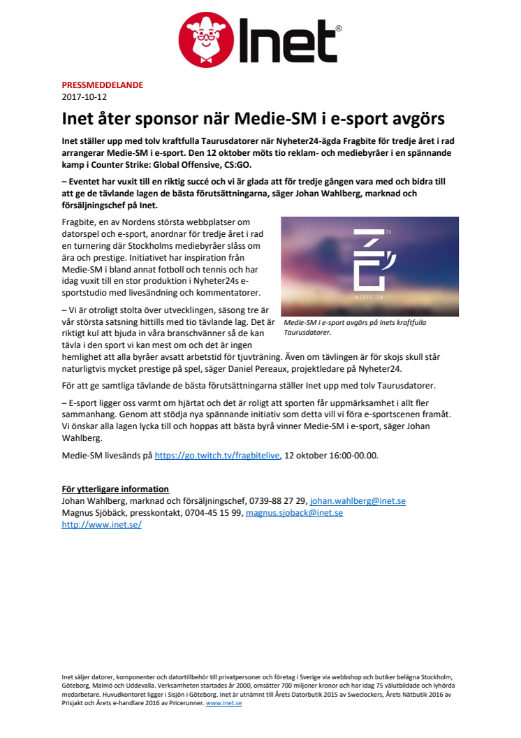 Inet åter sponsor när Medie-SM i e-sport avgörs