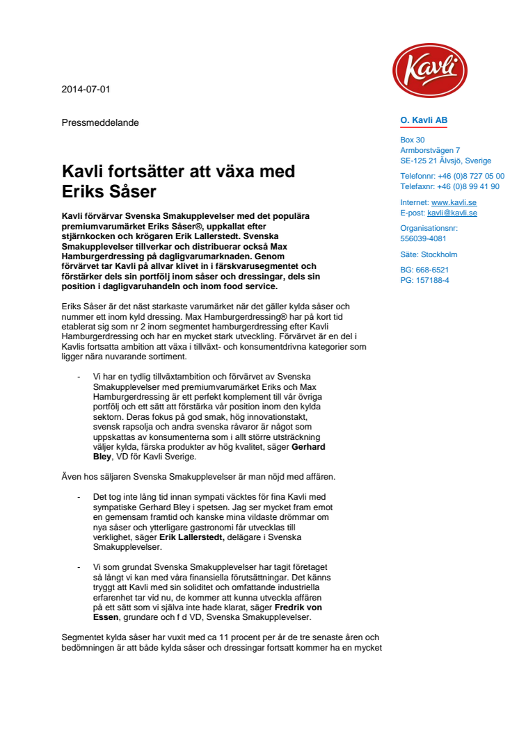 Kavli fortsätter att växa med  Eriks Såser