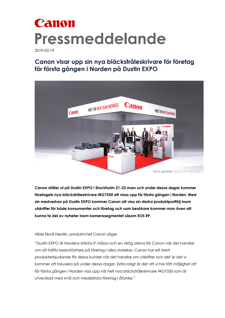 Canon visar upp sin nya bläckstråleskrivare för företag för första gången i Norden på Dustin EXPO
