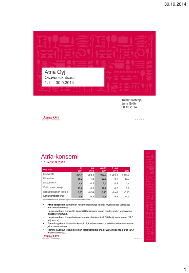 Atria Oyj:n osavuosikatsaus 1.1.-30.9.2014