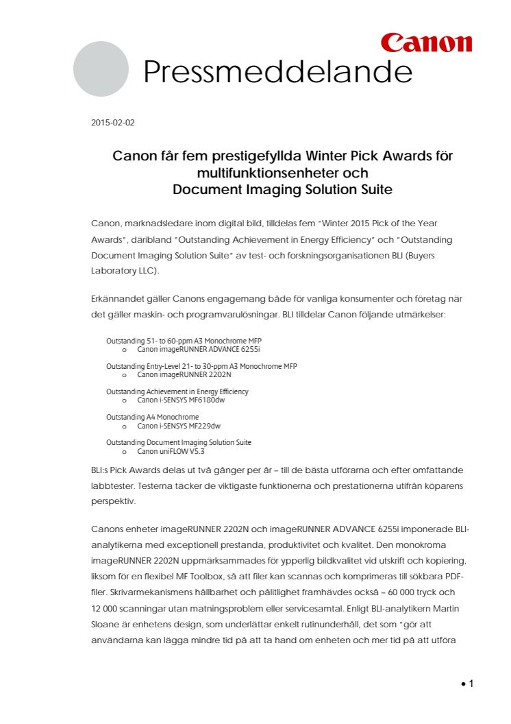 Canon får fem prestigefyllda Winter Pick Awards för multifunktionsenheter och  Document Imaging Solution Suite