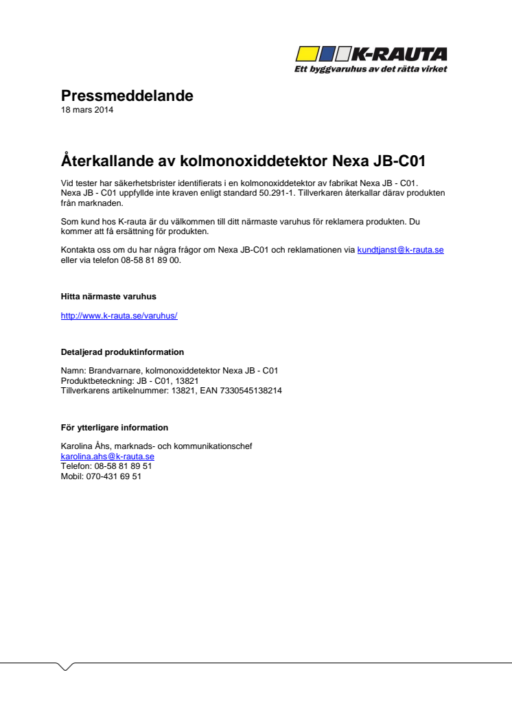 Återkallande av kolmonoxiddetektor Nexa JB-C01