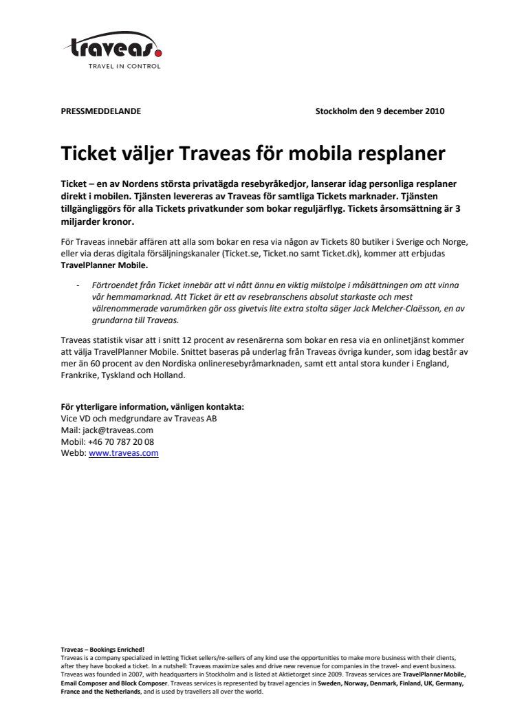 Ticket väljer Traveas för mobila resplaner   