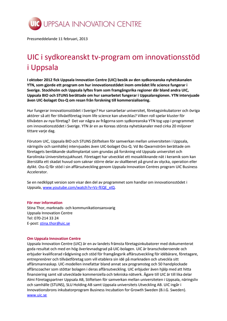 UIC i sydkoreanskt tv-program om innovationsstöd i Uppsala