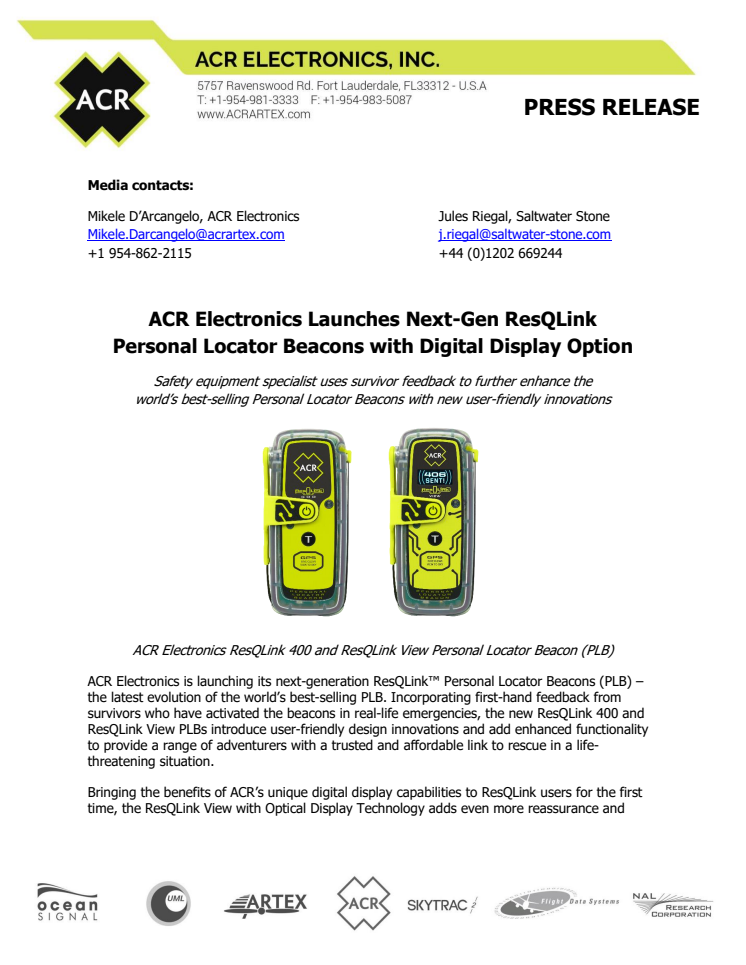 ACR Electronics Launches Next-Gen ResQLink Personal Locator Beacons with Digital Display Option