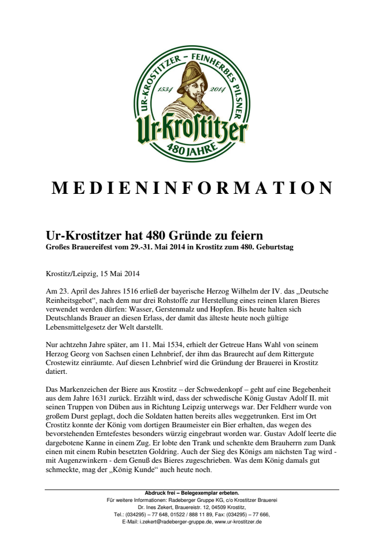 Ur-Krostitzer Brauereifest vom 29.-31.05.2014: Traditionsbrauerei wird 480 Jahre