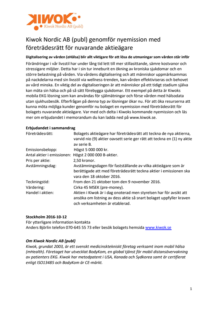 Kiwok Nordic AB (publ) genomför nyemission 