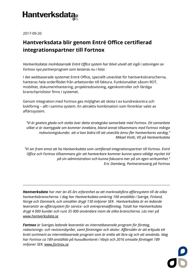 Hantverksdata blir genom Entré Office certifierad integrationspartner till Fortnox