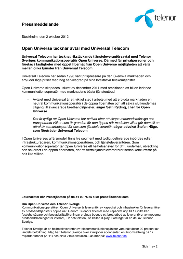 Open Universe tecknar avtal med Universal Telecom