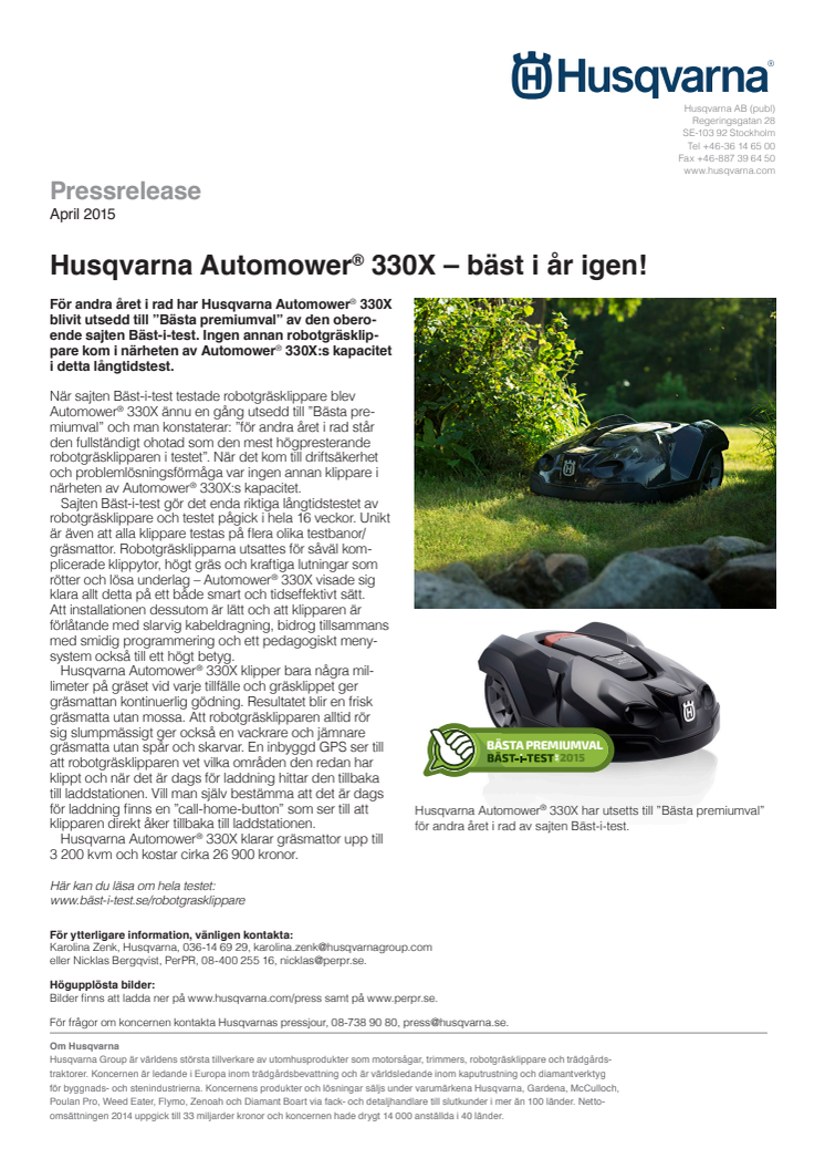 Husqvarna Automower® 330X – bäst i år igen!