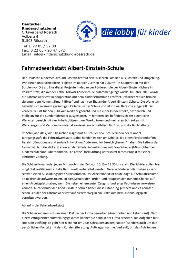 Deutscher Kinderschutzbund Ortsverband Rösrath: Projekt "Fahrradwerkstatt Albert-Einstein-Schule"