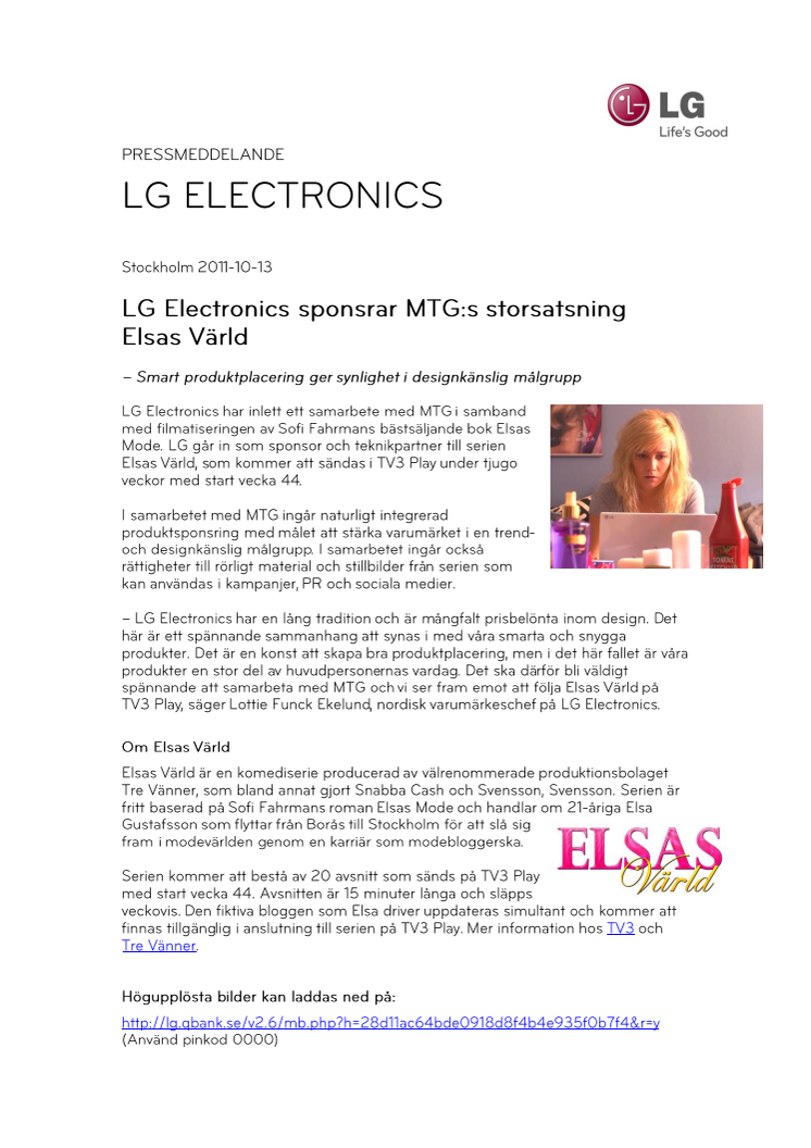 Pressmeddelande: LG Electronics sponsrar MTG:s storsatsning Elsas Värld
