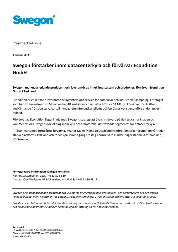 Swegon förstärker inom datacenterkyla och förvärvar Econdition GmbH