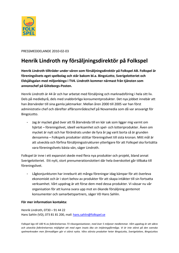 Henrik Lindroth ny försäljningsdirektör på Folkspel