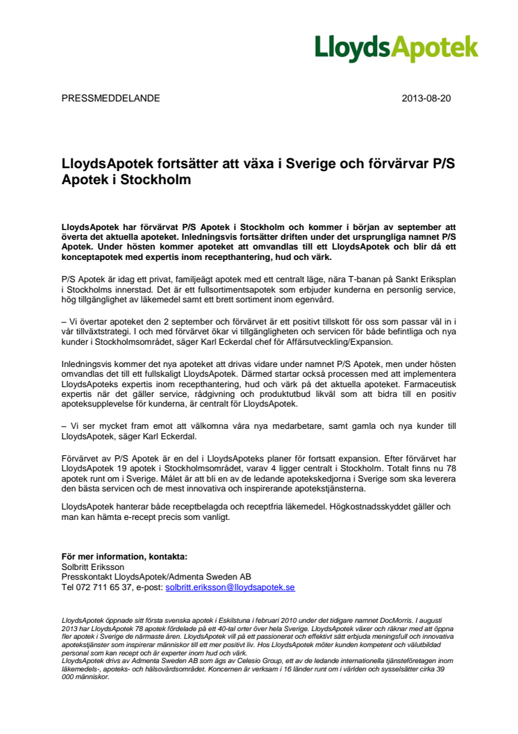 LloydsApotek fortsätter att växa i Sverige och förvärvar P/S Apotek i Stockholm