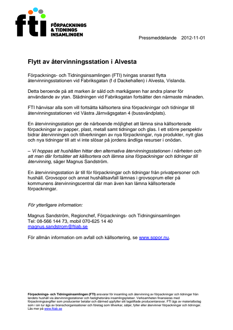 Flytt av återvinningsstation i Alvesta