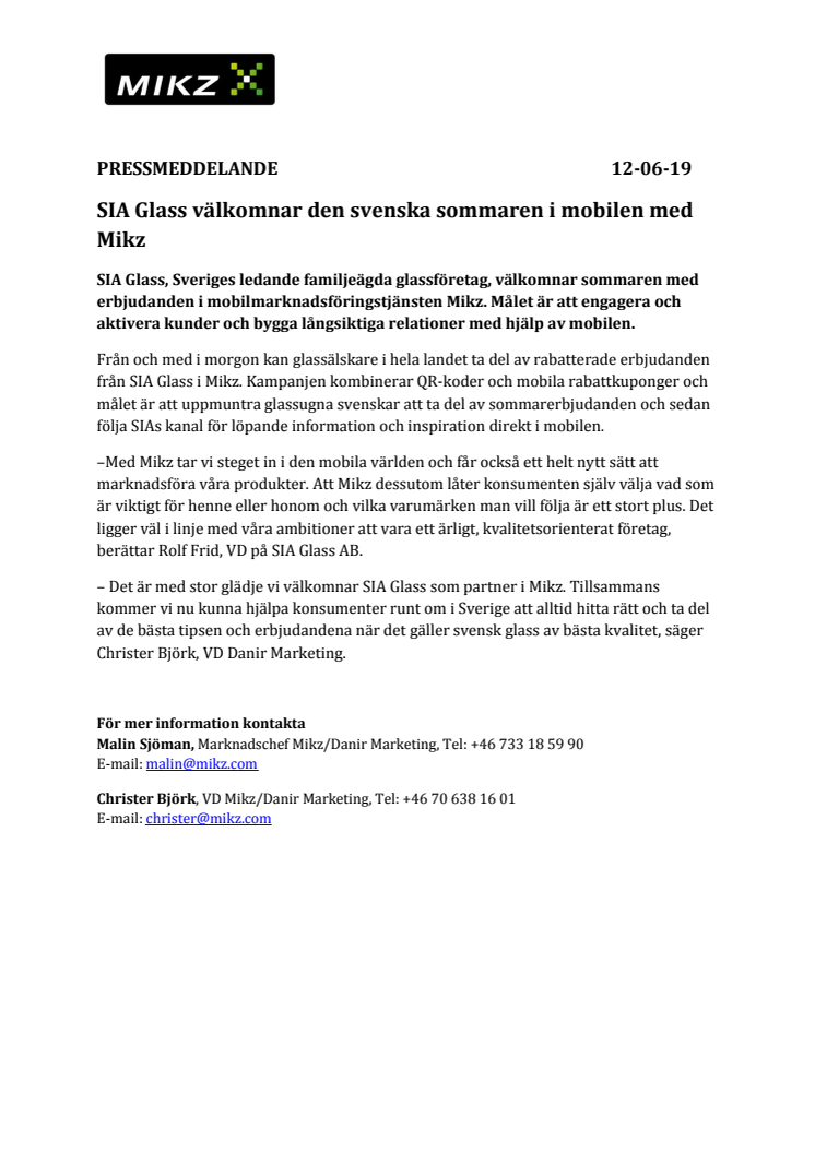 SIA Glass välkomnar den svenska sommaren i mobilen med Mikz