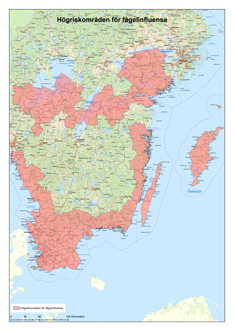 Karta utökat högriskområde fågelinfluensa februari 2024