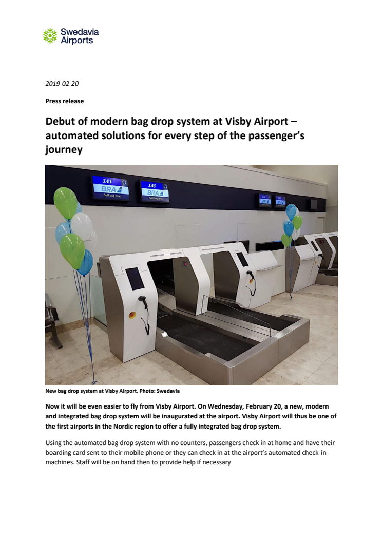 Debut of modern bag drop system at Visby Airport – automated solutions for every step of the passenger’s journey 