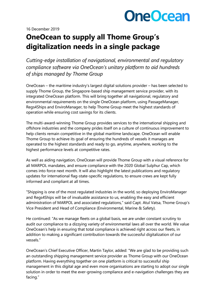 OneOcean to supply all Thome Group’s digitalization needs in a single package