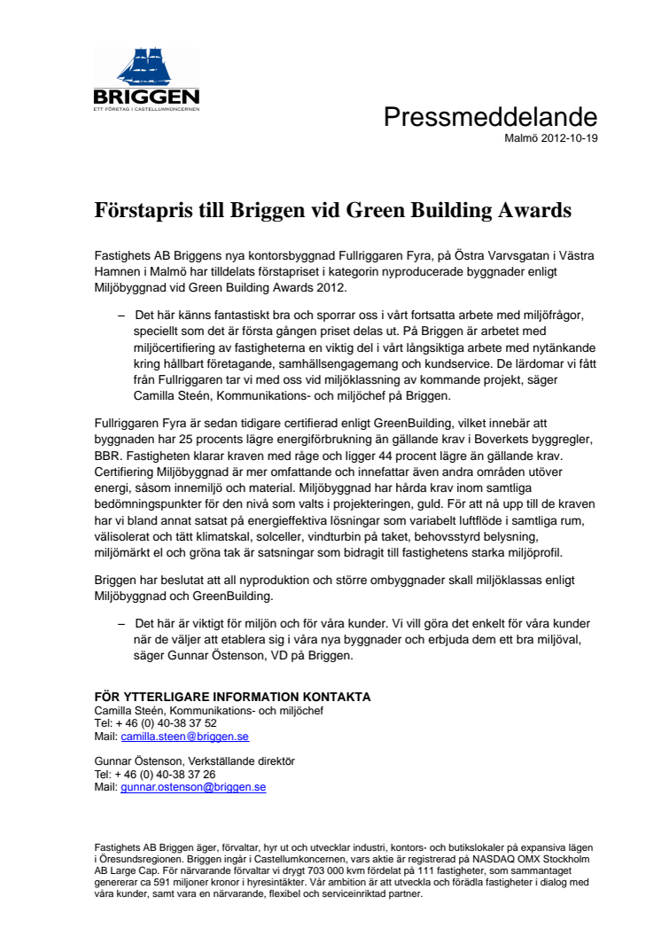 Förstapris till Briggen vid Green Building Awards