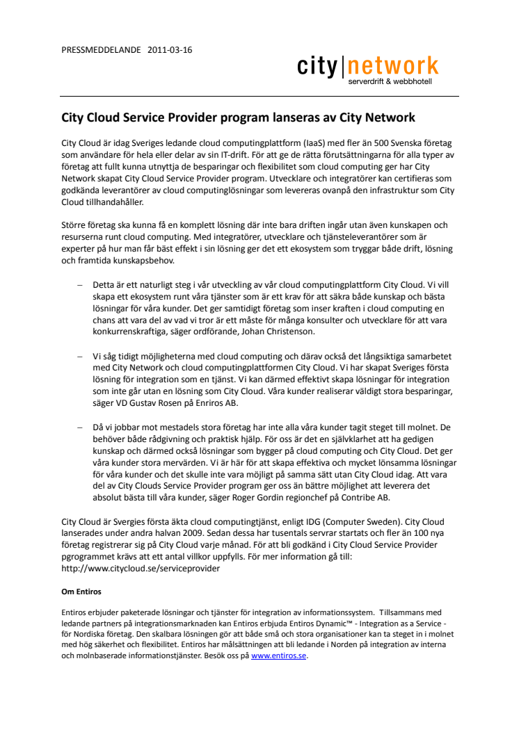 City Cloud Service Provider program lanseras av City Network