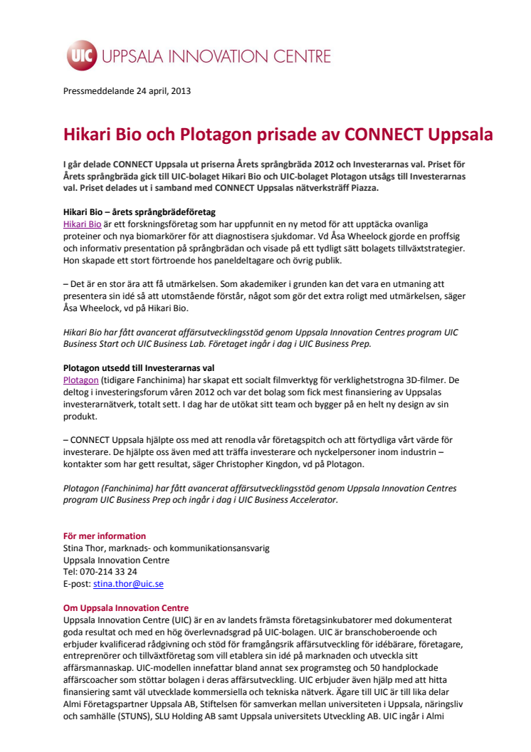 Hikari Bio och Plotagon prisade av CONNECT Uppsala