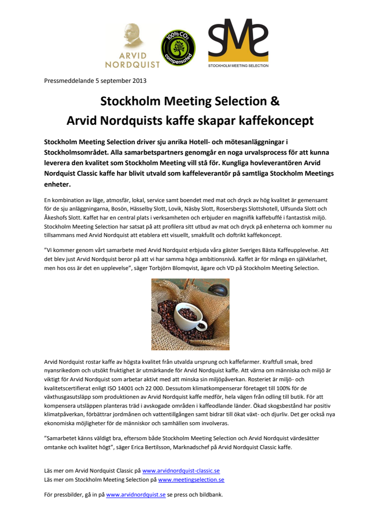 Stockholm Meeting Selection & Arvid Nordquist kaffe skapar kaffekoncept