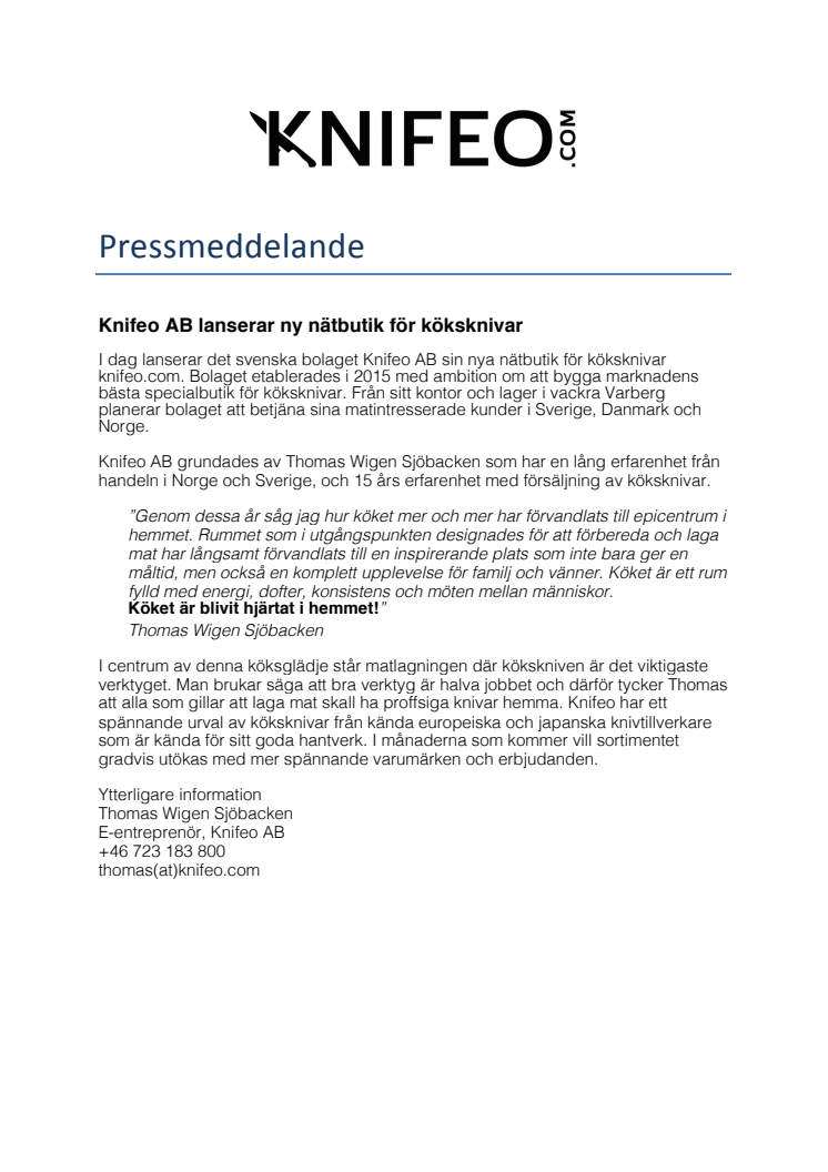 Knifeo AB lanserar ny nätbutik för köksknivar