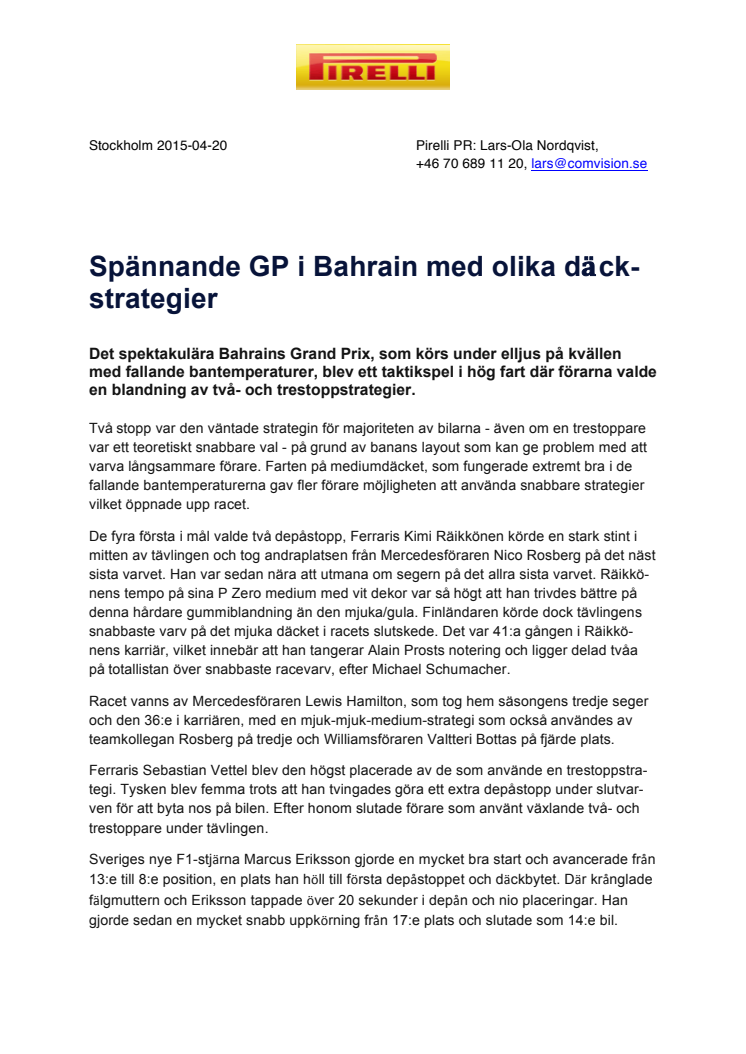 Spännande GP i Bahrain med olika däckstrategier