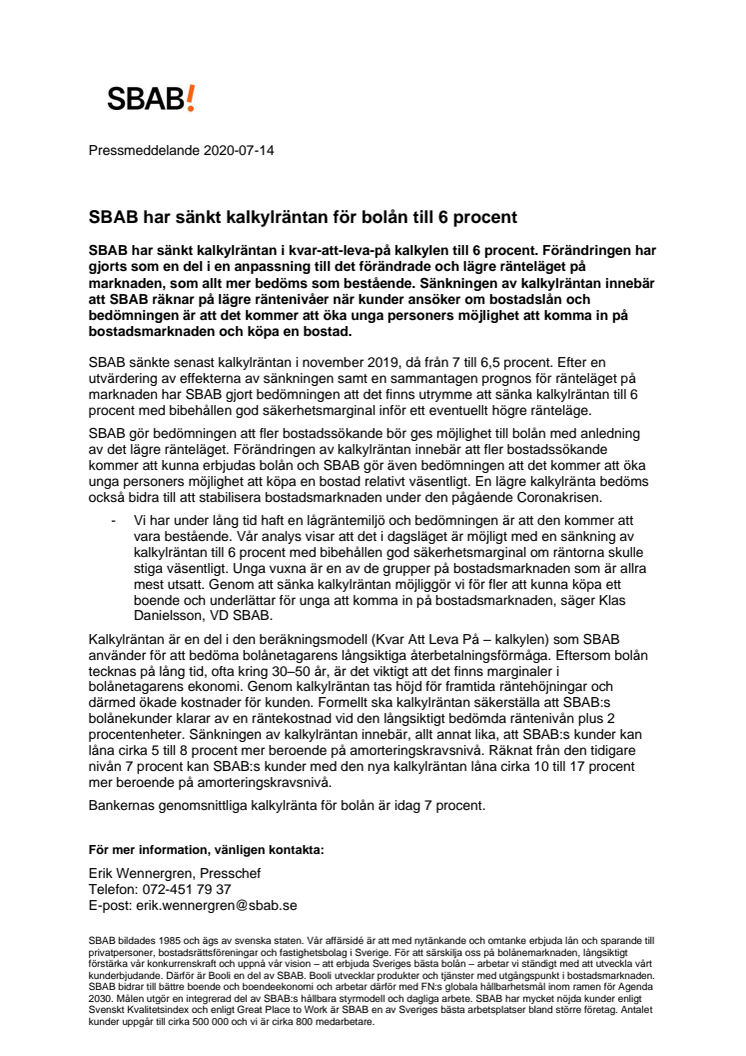 SBAB har sänkt kalkylräntan för bolån till 6 procent