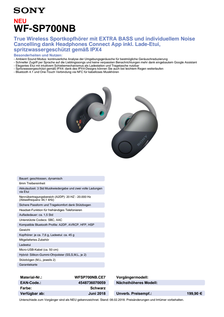 Datenblatt Kopfhörer WF-SP700N von Sony