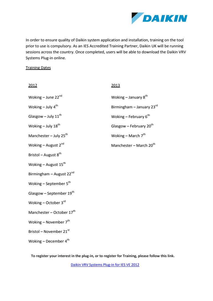 Daikin VRV Systems Plugin - UK Training Schedule