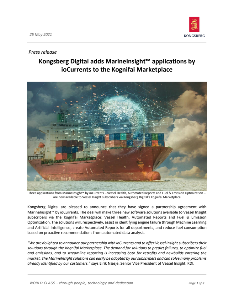 Kongsberg Digital adds MarineInsight™ applications by ioCurrents to the Kognifai Marketplace