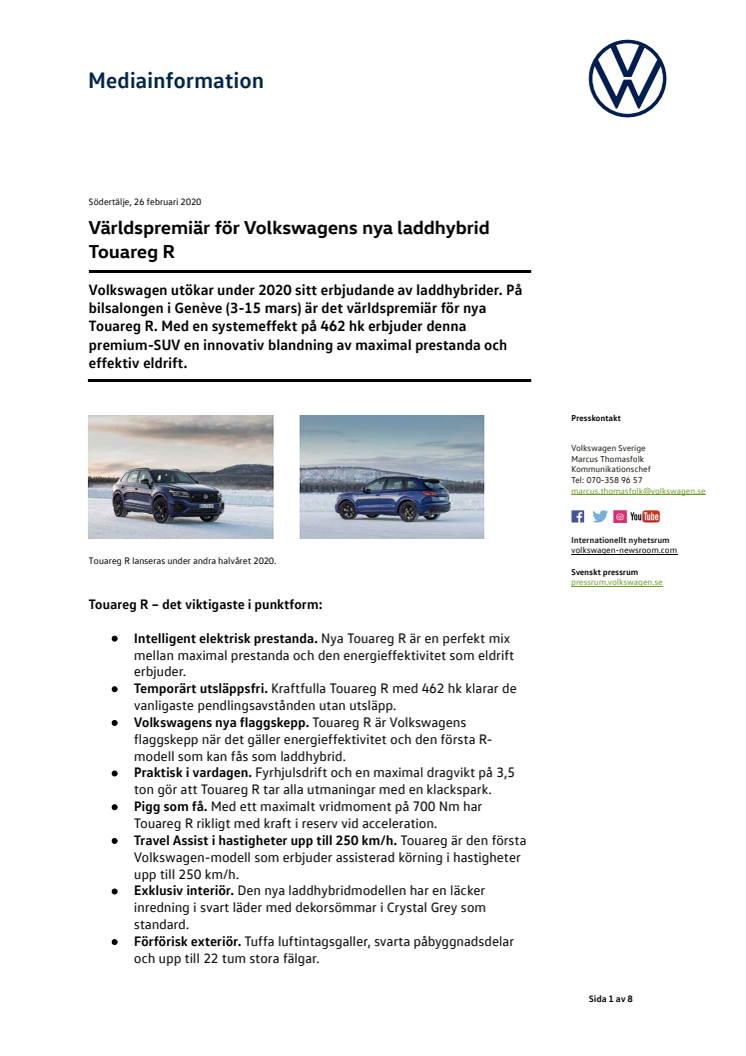 Världspremiär för Volkswagens nya laddhybrid Touareg R