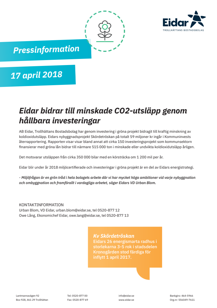 Eidar bidrar till minskade CO2-utsläpp genom hållbara investeringar 