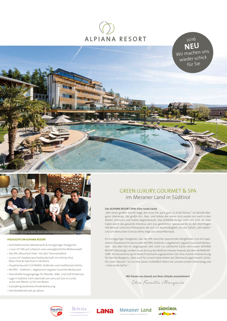 Green Luxury, Gourmet und Spa im ALPIANA RESORT 2016